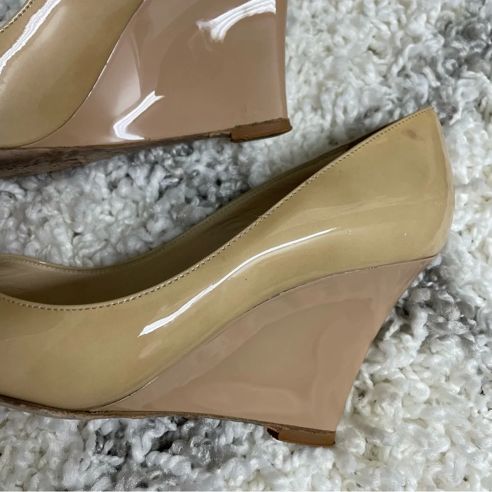 Jimmy Choo Beige Patent Leather Peep-Toe Wedge